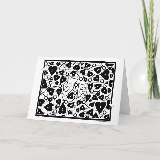 Dramamasken, Herzen, Schlüssel, ein Labyrinth.  Karte (Vorderseite)