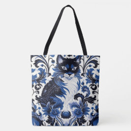 Dramatic Blue Art Deco Cat Large Shoulder Tote Tasche