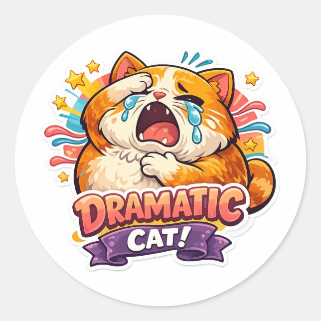 Dramatic Cat Funny Crying Cartoon Art Reaction Runder Aufkleber (Vorderseite)