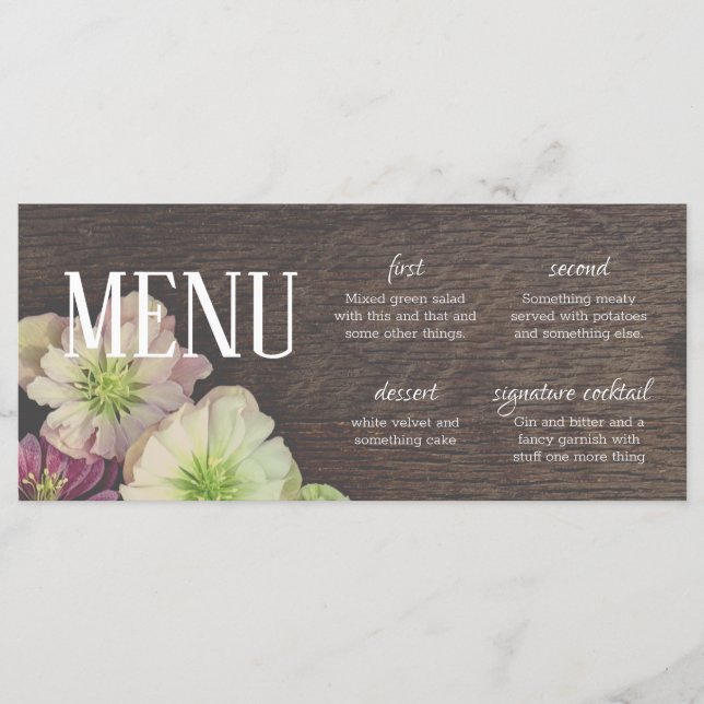 DRAMATIC Garden Hellebore Holz und White Menu Kart Menükarte (Vorderseite)