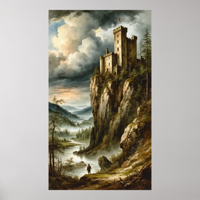 🏰🌫️ Dramatic Medieval Cliff Castle Stormscape 🌄 Poster (Vorne)