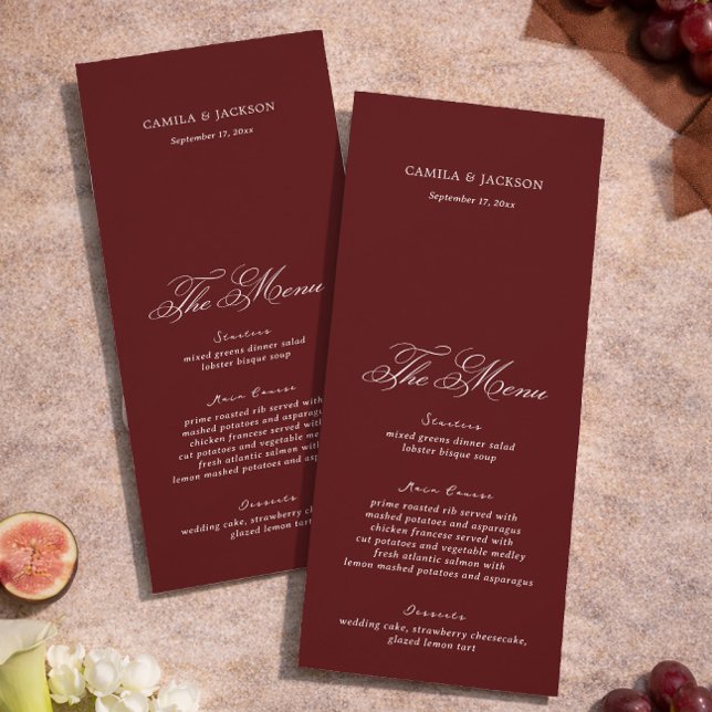 Dramatic Opera Burgundy Wedding Menu Card Einladung (Von Creator hochgeladen)