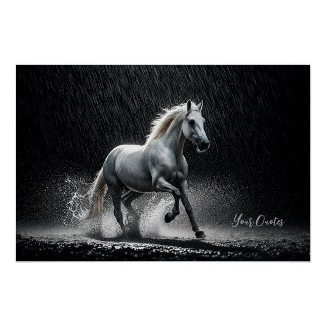 Dramatic White Horse Galloping in Rain Poster (Vorderseite)