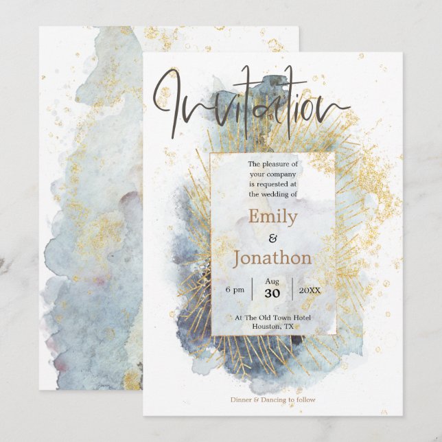 Dramatisch Blue Ombre Wasserfarben Gold Lines Hoch Einladung (Vorne/Hinten)
