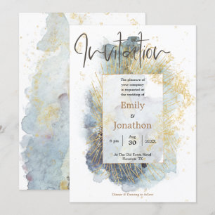 Dramatisch Blue Ombre Wasserfarben Gold Lines Hoch Einladung