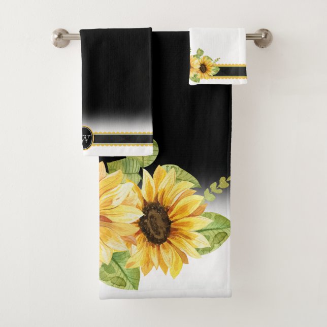 Dramatisch gelbe Sonnenblumen auf Schwarz & Weiß Badhandtuch Set (Insitu)