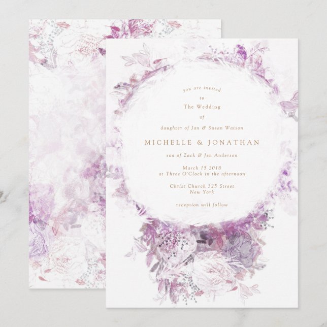 Dramatische antike violette Blumen Einladung Hochz (Vorne/Hinten)