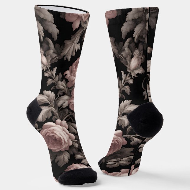 Dramatische Dusty Rose und Black Toile Crew Socks Socken (Gewinkelt)