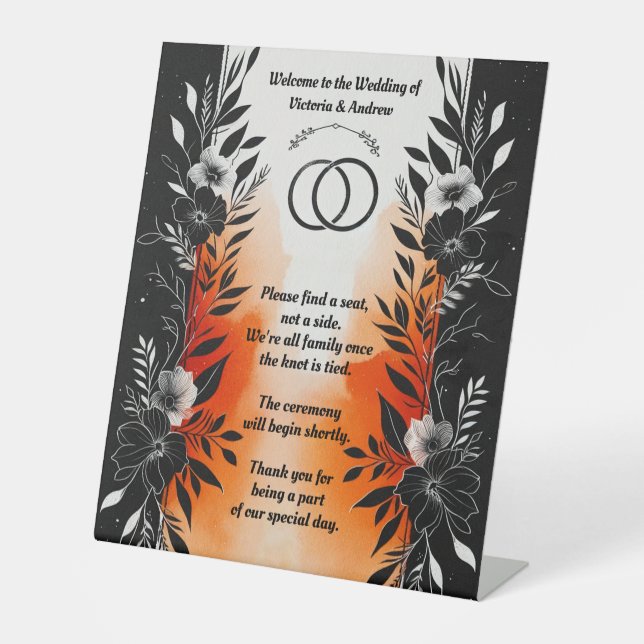 Dramatische Hochzeit mit schwarzem Orangen Sockelschild (Vorderseite)