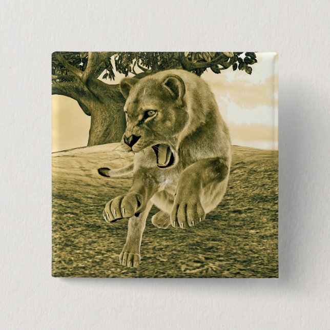 Dramatische Löwinnen-Safari-Wildnis-Kunst Button (Vorderseite)