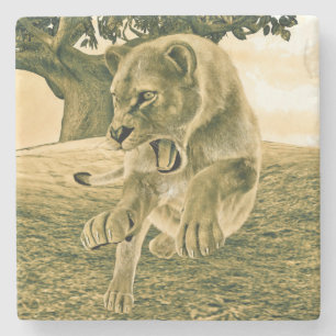 Dramatische Löwinnen-Safari-Wildnis-Kunst Steinuntersetzer
