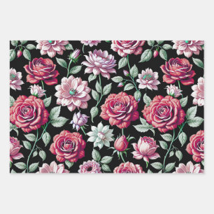 Dramatische Magenta- und rosa Rosen Dunkle Blüten Geschenkpapier Set