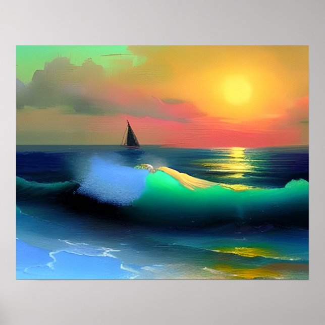 Dramatische Ozeanwellen und Sonnenuntergangsreflek Poster (Vorne)