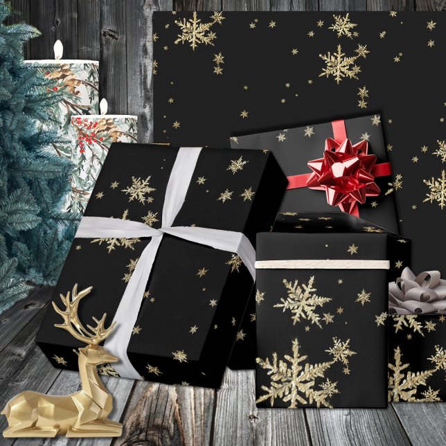 Dramatische Schwarz-Gold-Schneeflocken auf Schwarz Geschenkpapier (Dramatic Black & Gold Snowflakes On Black Wrapping Paper In 6 & 15 Foot Long 30 Inch Width Rolls)
