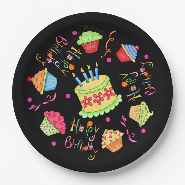 Dramatische schwarze Kuchen und Kuchen glücklich G Pappteller (Vorderseite)