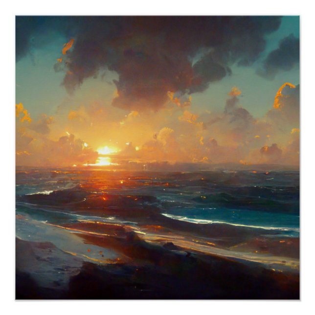 Dramatische Sonnenuntergang-Wellen Landschaft Poster (Vorderseite)