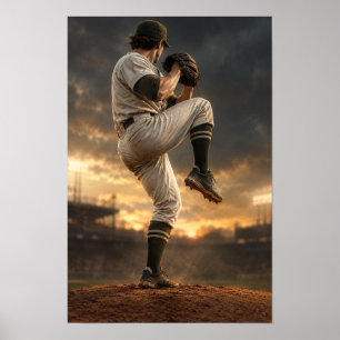 Dramatischer Baseball-Pitcher-Windup bei Sonnenunt Poster