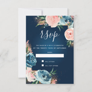 Dramatischer Glitzer Navy Blue und Blush Boho RSVP Karte