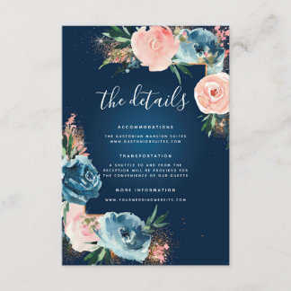Dramatischer Glitzer Navy Blue und Blush Floral Bo Begleitkarte