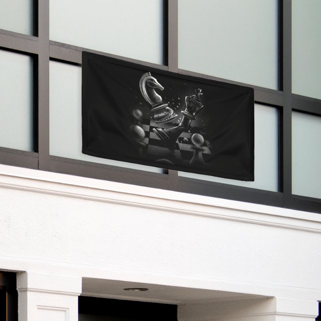 Dramatischer Schachkampf - Ritter gegen Pferd Banner (Äußeres Gebäude)