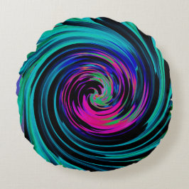 Dramatischer Schwarz-Türkis-Abstrakter Retro-Twirl Rundes Kissen