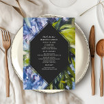 Dramatisches Blue Floral Wedding Menu Menükarte<br><div class="desc">Blauer Blumenentwurf rund um den geometrisch grauen Hintergrund</div>