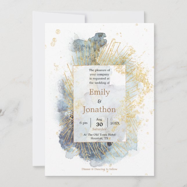 Dramatisches Blue Ombre Watercolor Gold Line Hochz Einladung (Vorderseite)