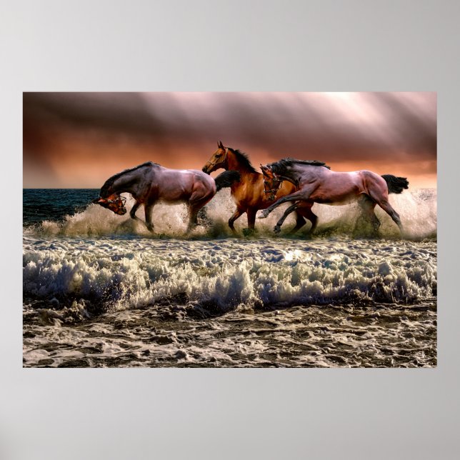 Dramatisches Foto von Pferden, die am Strand laufe Poster (Vorne)