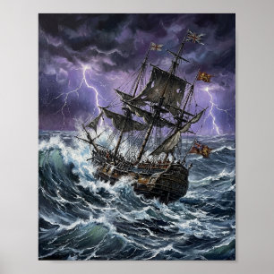 Dramatisches Galleonenschiff stürmischer Ozean Bli Poster