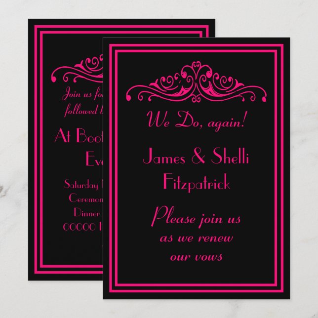 Dramatisches Hot Pink und Black Wedding Vows Erneu Einladung (Vorne/Hinten)