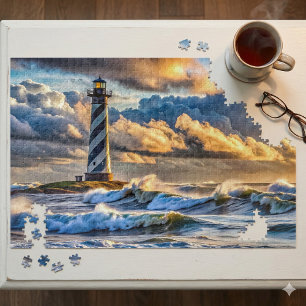 Dramatisches Leuchtturm Seascape mit Sturmwellen