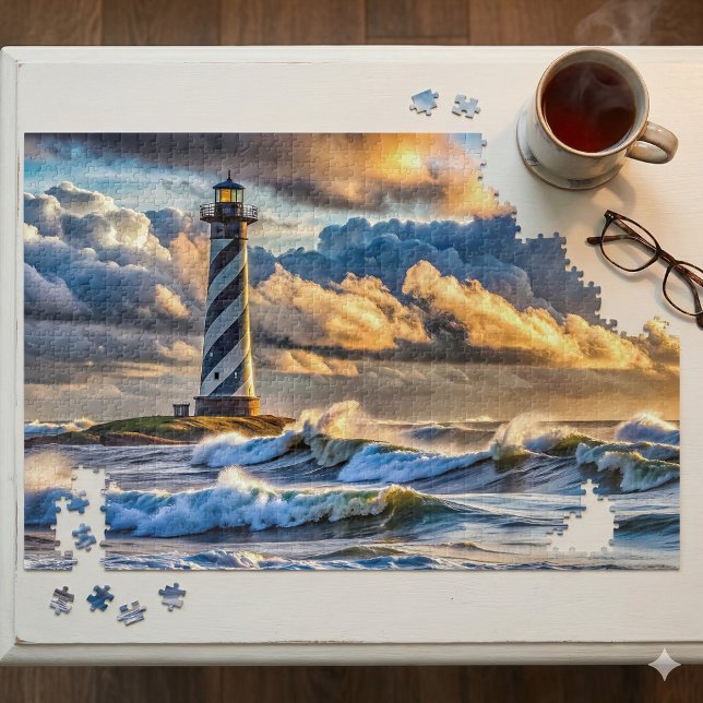 Dramatisches Leuchtturm Seascape mit Sturmwellen (Dramatic Lighthouse Seascape with Stormy Waves Jigsaw Puzzle Mockup A)
