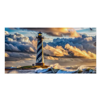 Dramatisches Leuchtturm Seascape mit Sturmwellen Poster