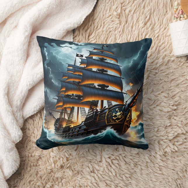 Dramatisches Piratenschiff, das durch die Sturmsee Kissen (Decke)