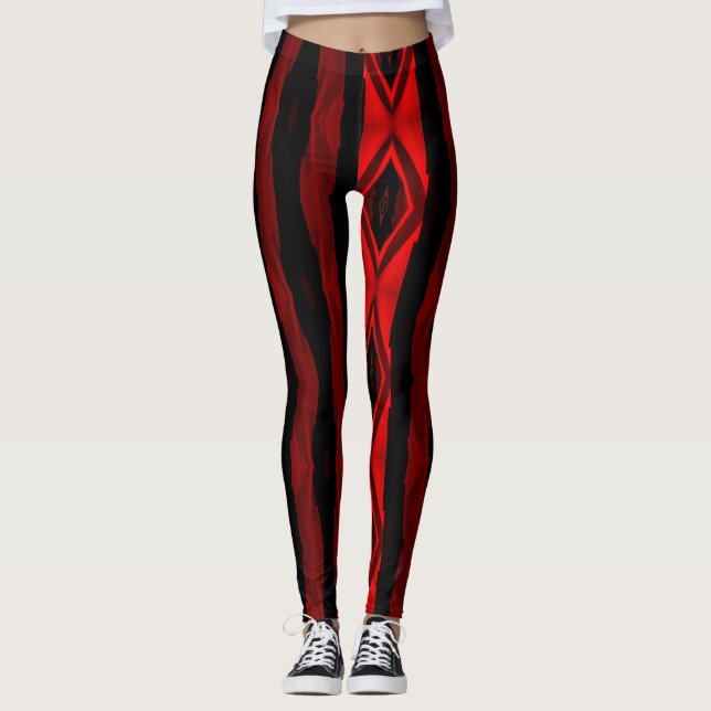 Dramatisches Rot und Schwarze Streifen Diamantmust Leggings (Vorderseite)