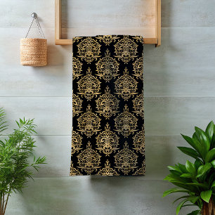Dramatisches Schwarz mit Gold Damask Verziert Badhandtuch Set
