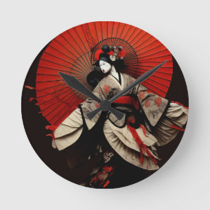 Dramatisches Schwarz-Rot-Kabuki-Theater Runde Wanduhr