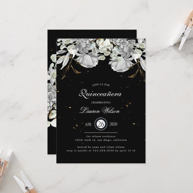 Dramatisches Silver Gold Floral Quinceanera Einladung (Vorderseite/Rückseite Beispiel)
