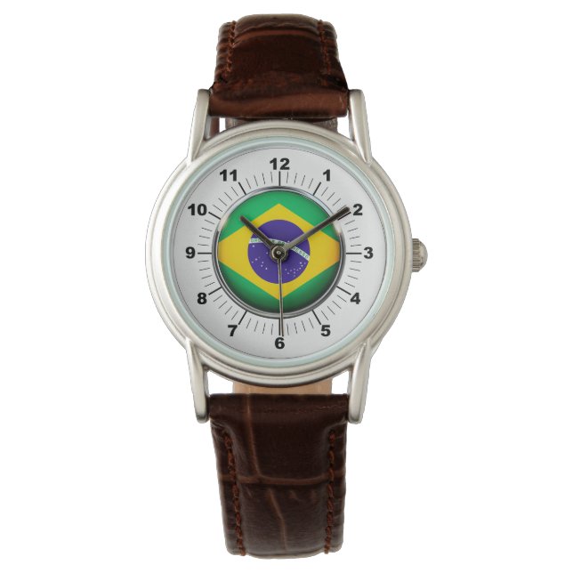 Drapeau brésilien classique Montre en cuir Brown p (devant)