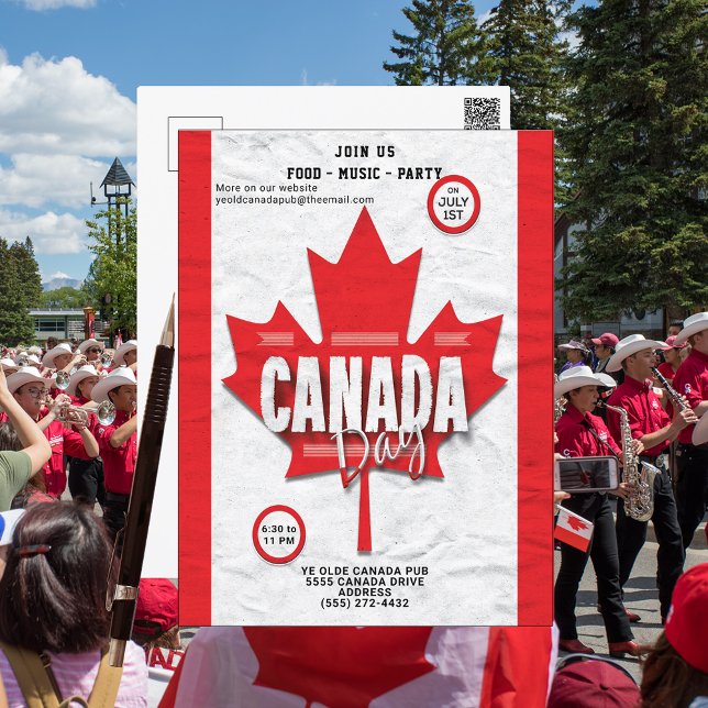 Drapeau Fête du Canada 1er juillet Invitation Red  (Celebrate Canada Day postcard. Send out to friends, family and groups. Food, music and a fun party.)