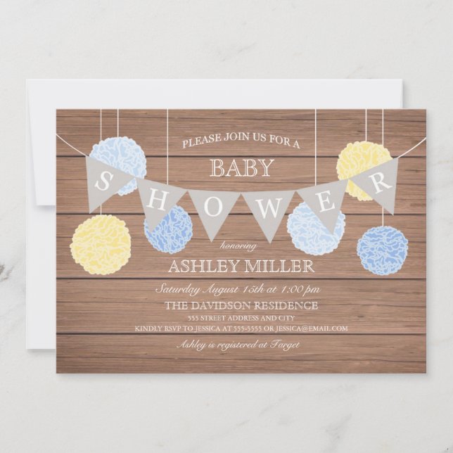 Drapeaux bleus n Fluffs - Invitation Baby shower (Devant)