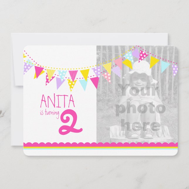 Drapeaux colorés filles 2e anniversaire invitation (Devant)