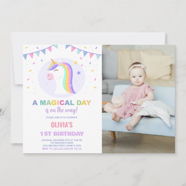 Drapeaux Unicorn Invitations d'anniversaire avec p (Devant)