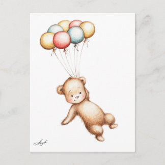 Drawing of Teddy Bear flying with balloons Postkarte