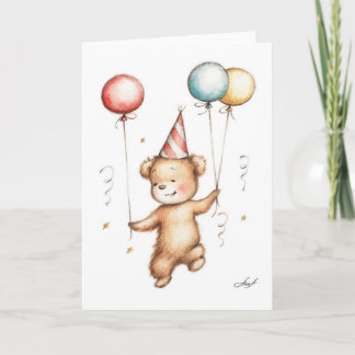Drawing of Teddy Bear in Birthday Hat with Balloon Karte
