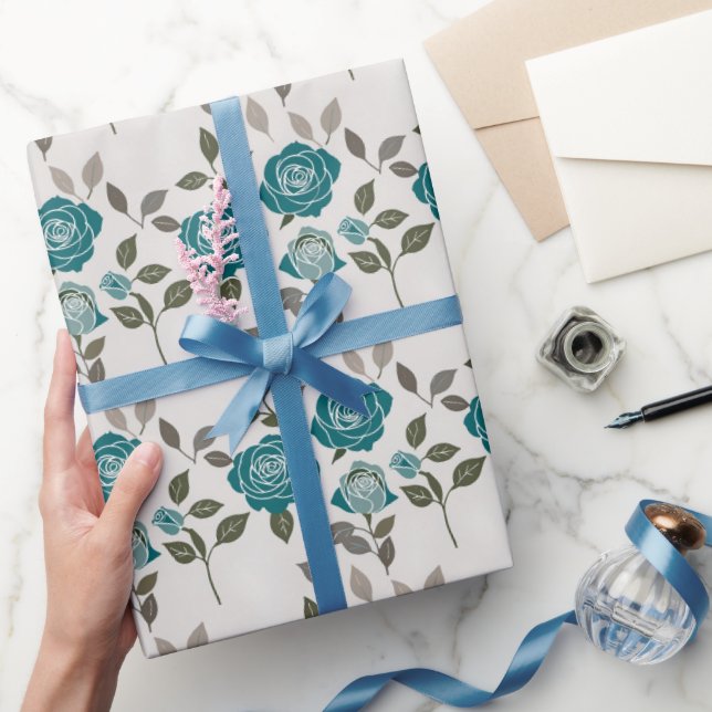 Drawn Roses In Muted Blues And Greens Scattered Geschenkpapier (Schenken)