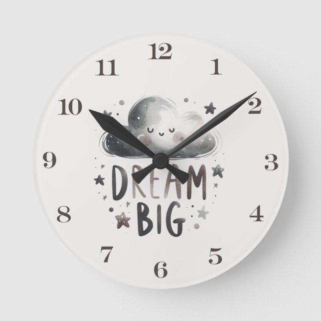 Dream Big Cloud and Stars Nursery Wall Clock Runde Wanduhr (Vorderseite)