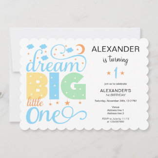 Dream Big Little One Blue Baby Boy 1. Geburtstag Einladung