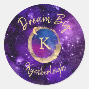 Dream Big Space Galaxy Metallic Gold Monogram Name Runder Aufkleber