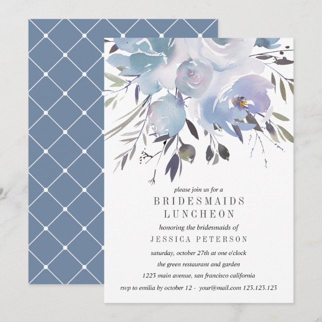 Dream Blue Flowers Bridesmaids Luncheon Wedding Einladung (Vorne/Hinten)